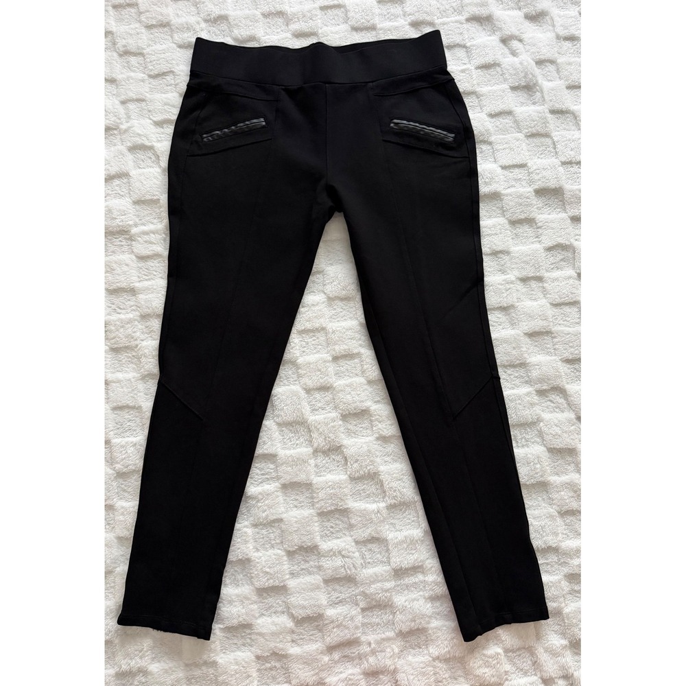 Black Pull On Leggings with Faux Leather Trim Pockets Slim Fit Stretch Pants